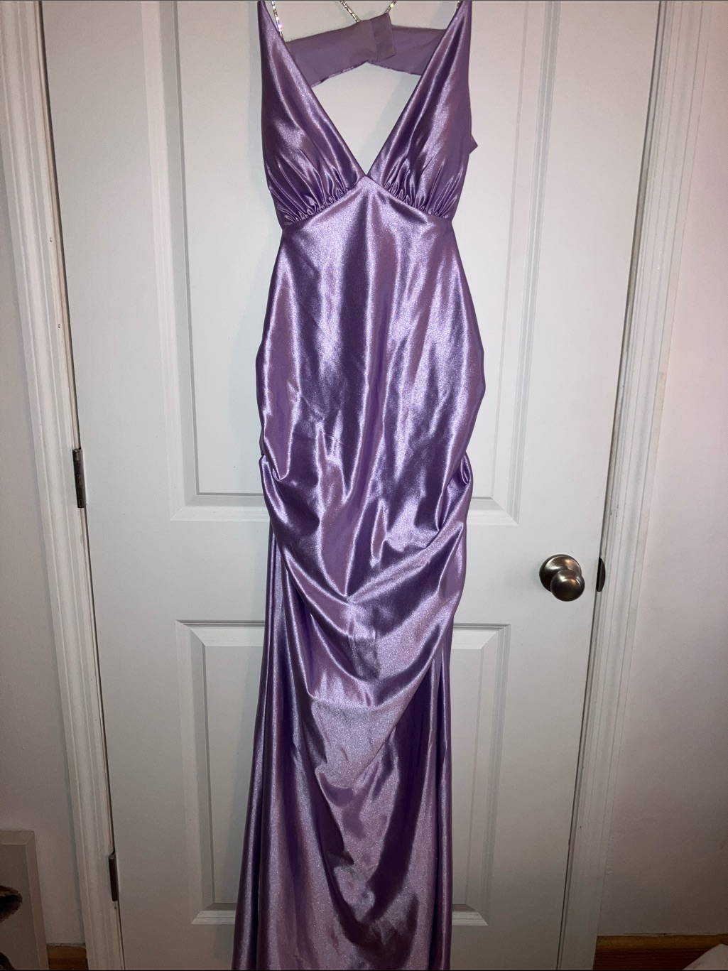 Lilac Satin V-Neck Prom Gown